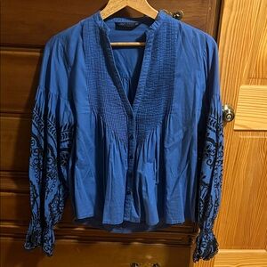 Zara - Loose fitting Vibrant Colbalt Blue Blouse with Fancy Black Embroidery